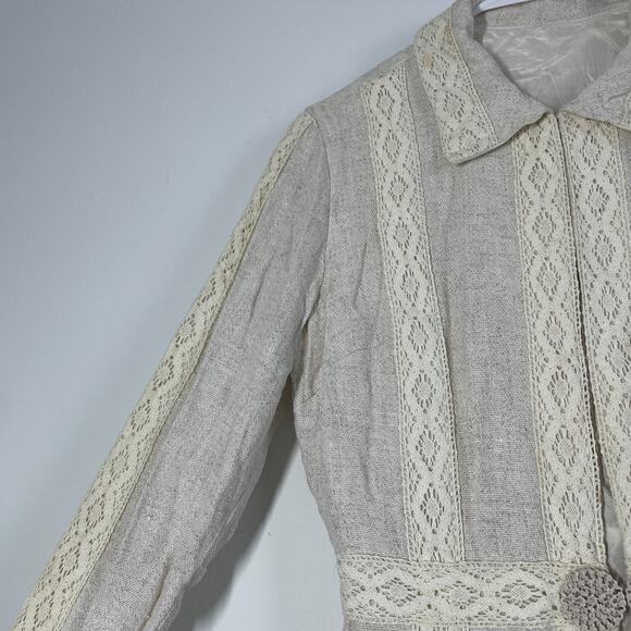 Vintage 60s 70s Jacket Lace Linen Women S Beige Mod Boho Summer Resort - Picture 10 of 12